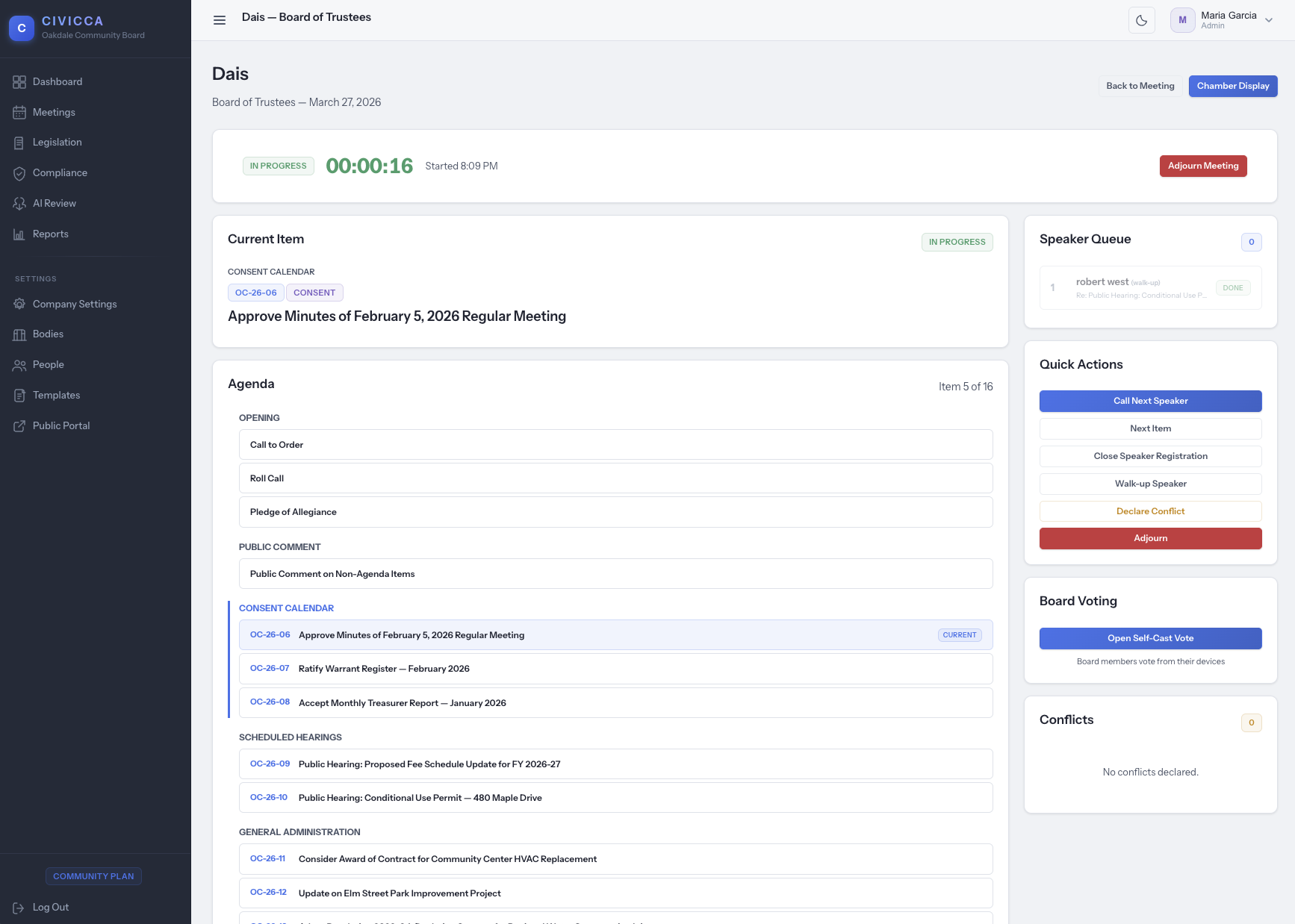 CivicCA Dais Control Center — live meeting management with speaker queue and agenda tracking