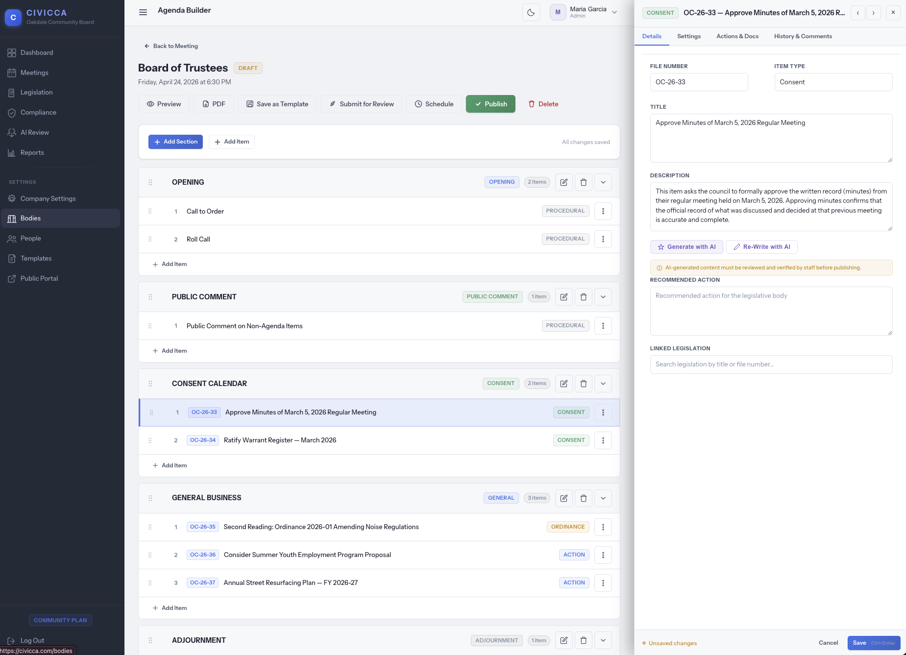 CivicCA agenda builder interface showing drag-and-drop sections, file numbers, and document attachments
